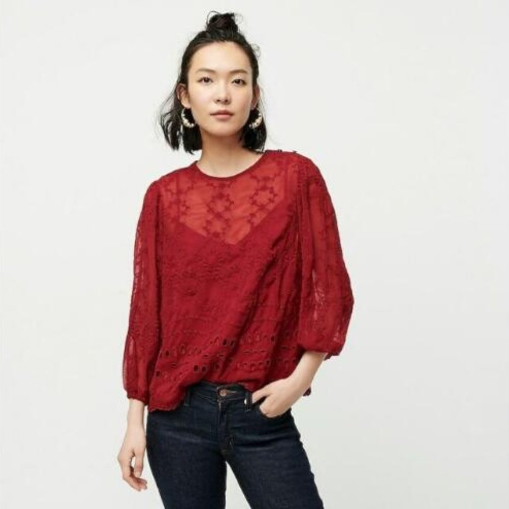 J Crew Women's Red Mixed Embroidery Drapey Blouse
